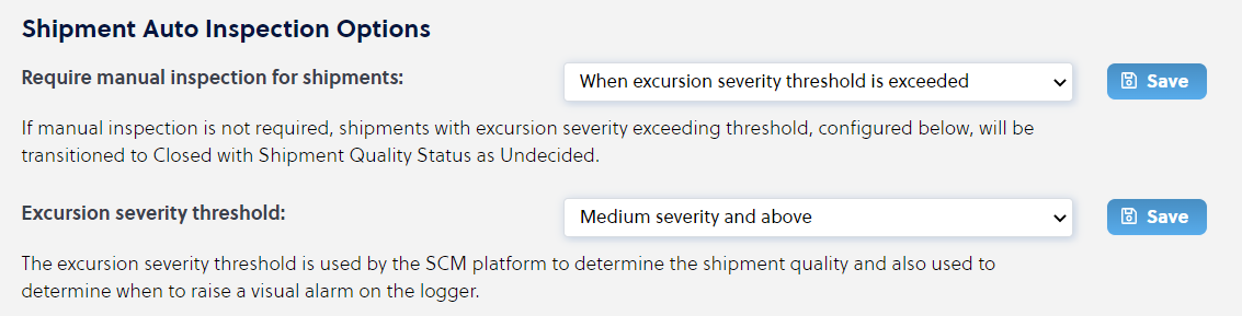 Shipment Auto Inspection Options dialog