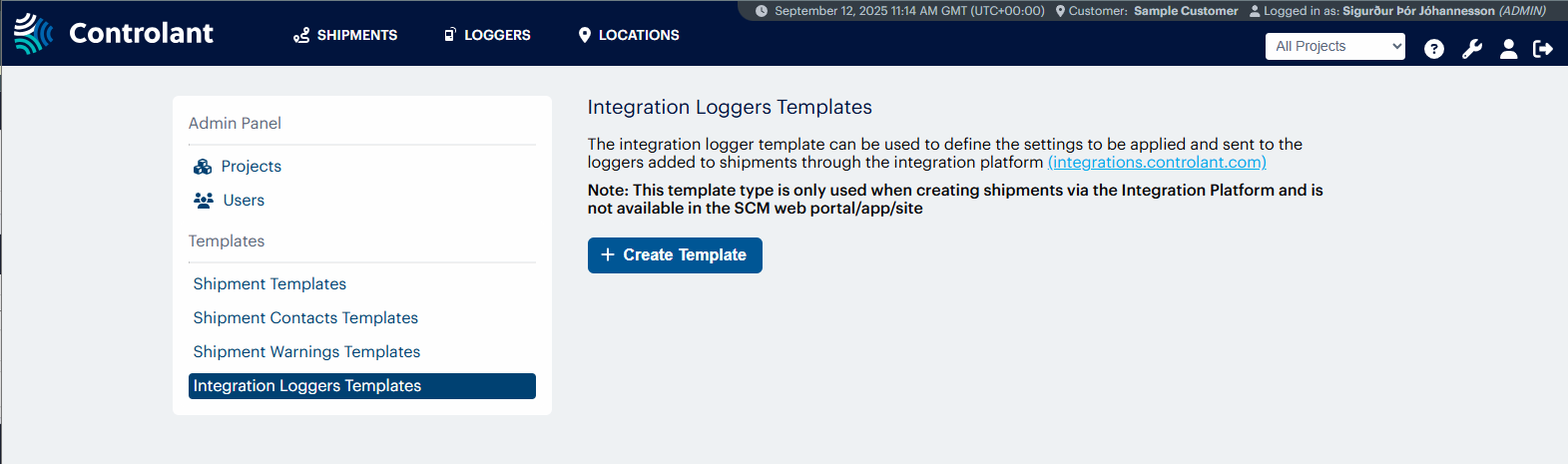 Integration Loggers Template page