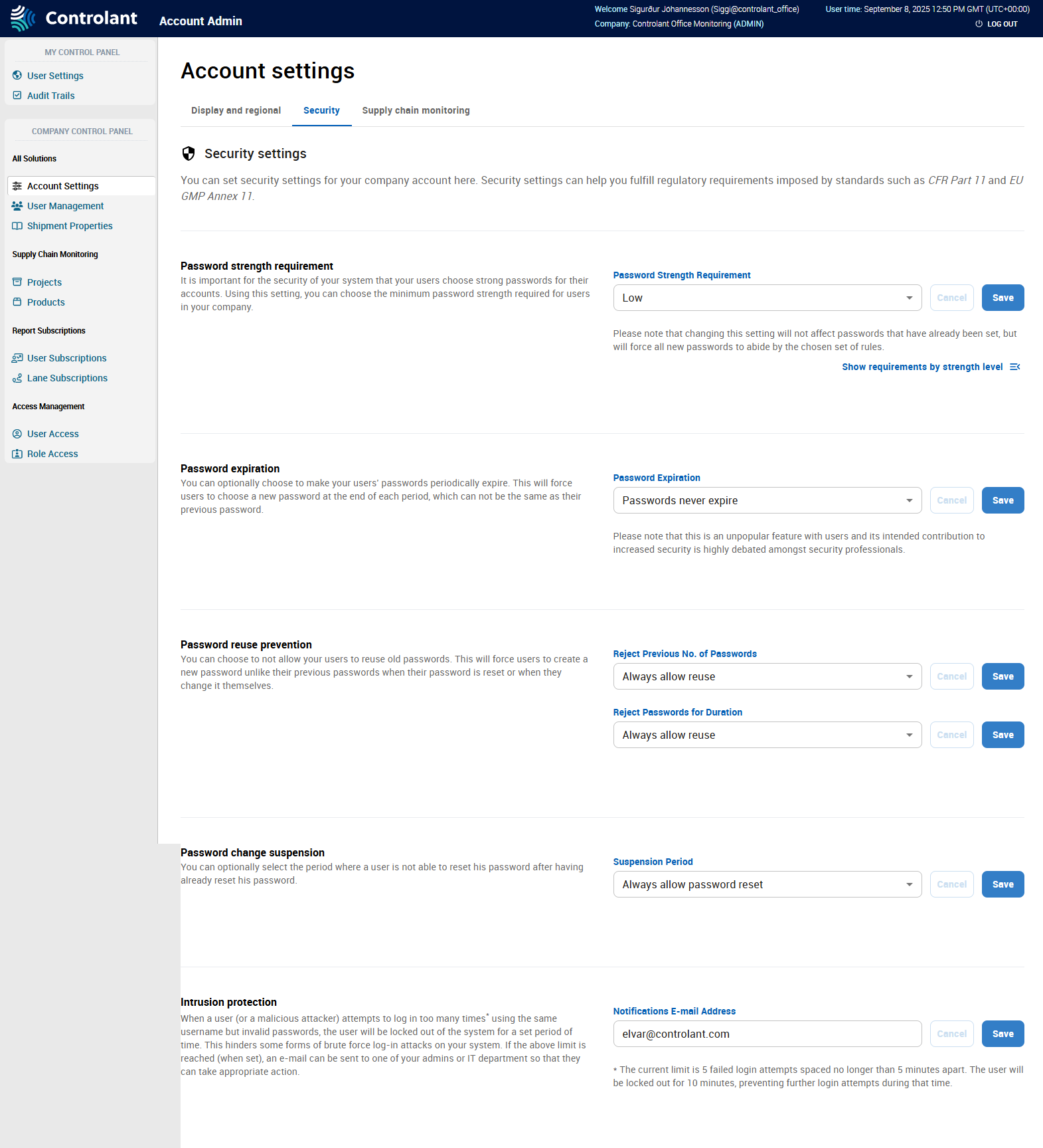 Account Admin - Account Settings - Security - Security tab