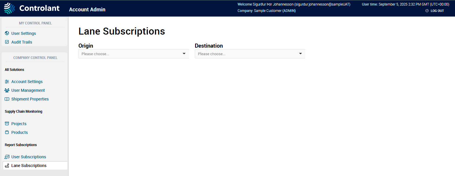 Account Admin -­ Lane Subscriptions page