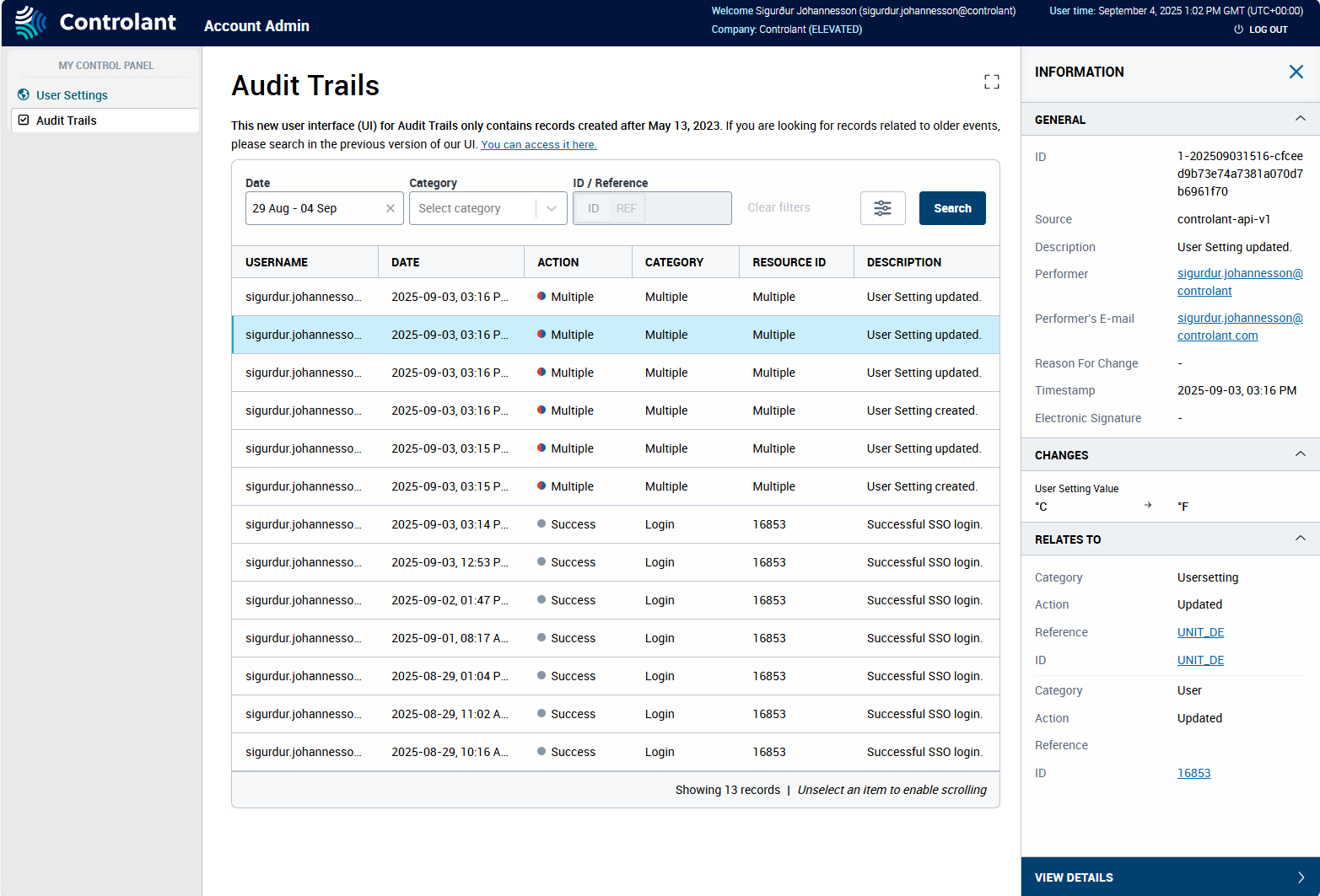 Account Admin - My Control Panel - Audit Trail for non-admin users page