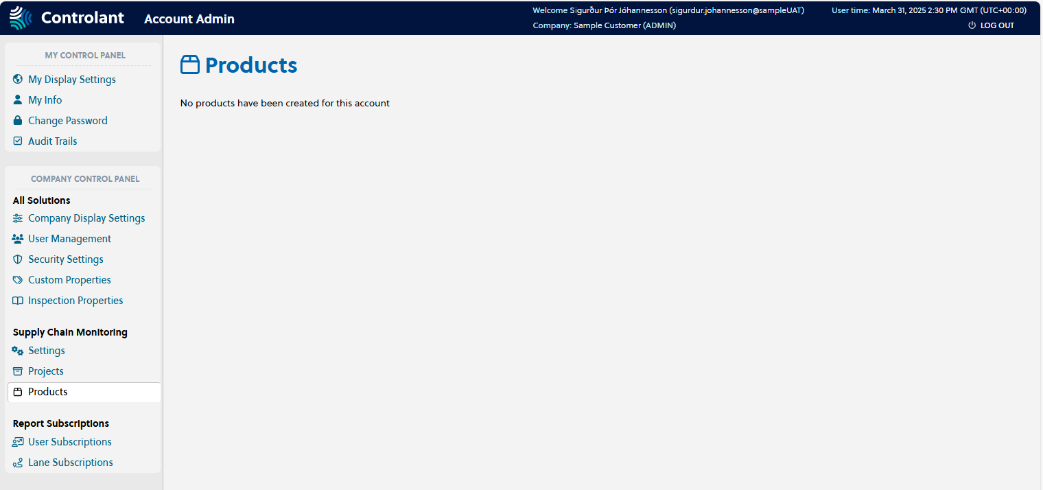 Account Admin - Company Control Panel - Supply Chain Monitoring - Products page