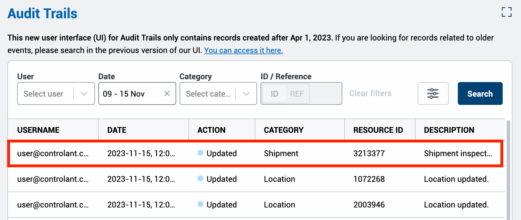 Screenshot showing how the reason for change provided appears in the Audit trail