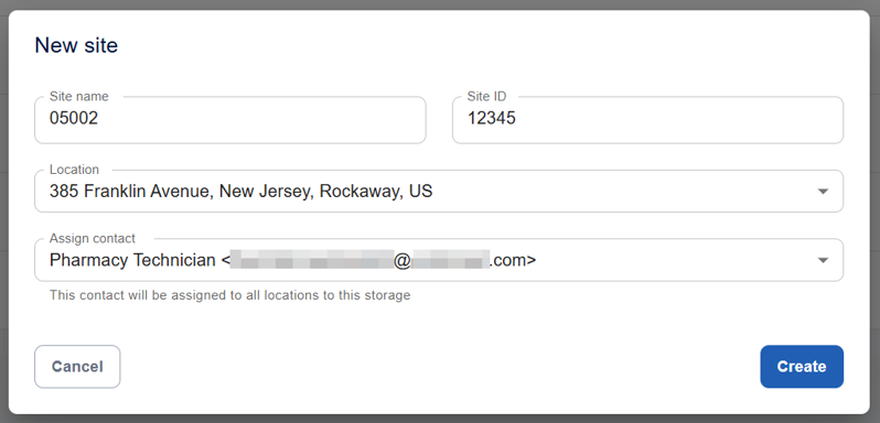 Clinical storage monitoring - New site dialog