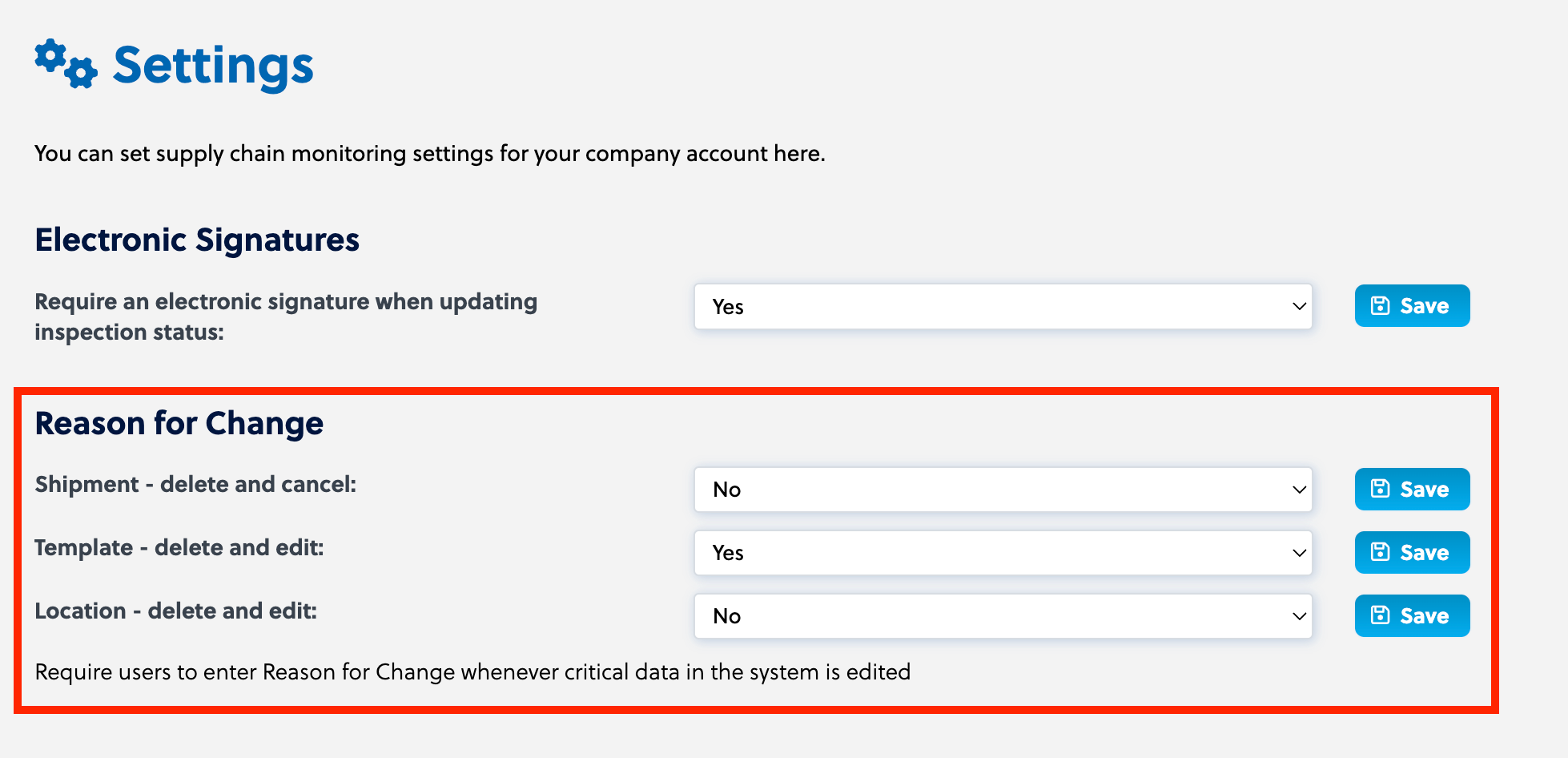 Screenshot showing where and how to enter a reason for change when editing GxP data