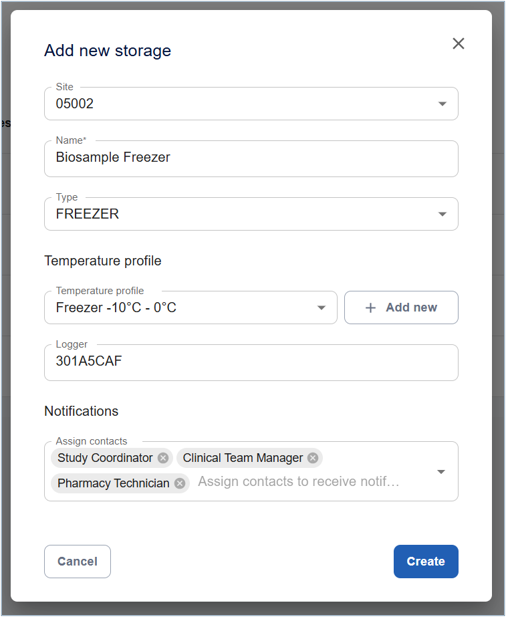 Clinical storage monitoring - Add new storage