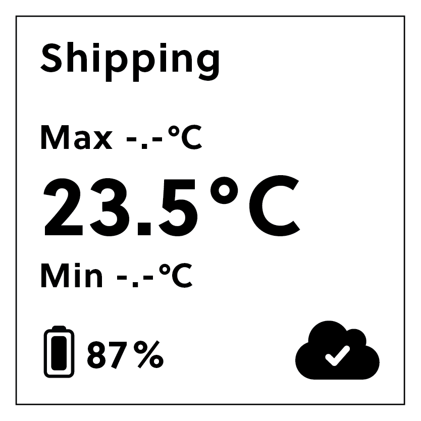 Display of a Saga Logger in shipping mode showing "-.-" instead of min or max temperatures, with cloud icon and battery icon.