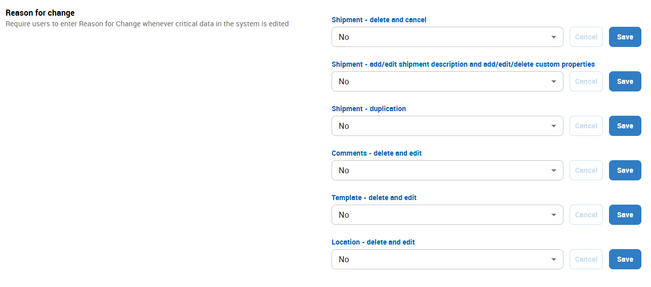 Account Admin - Account Settings - Supply chain monitoring - Reason for change