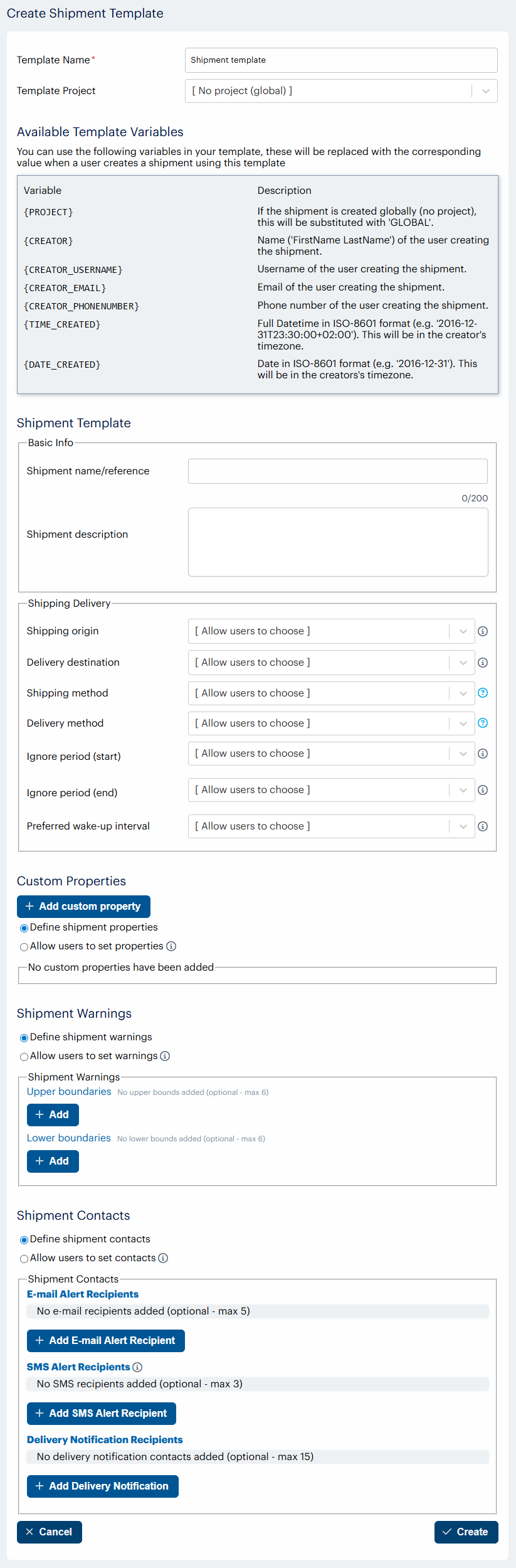 SCM - Admin Panel - Shipment templates - Create Shipment Template