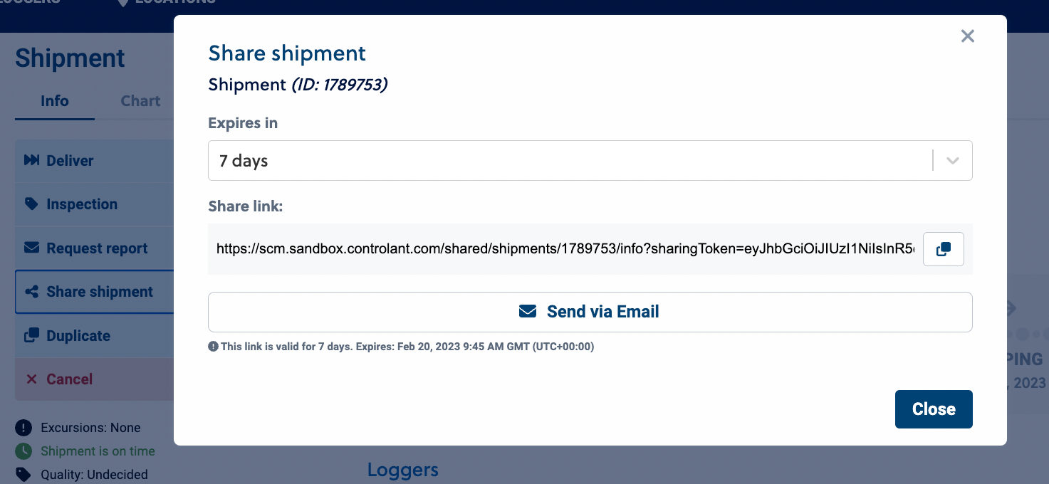 Screenshot showing Share shipment modal view after update