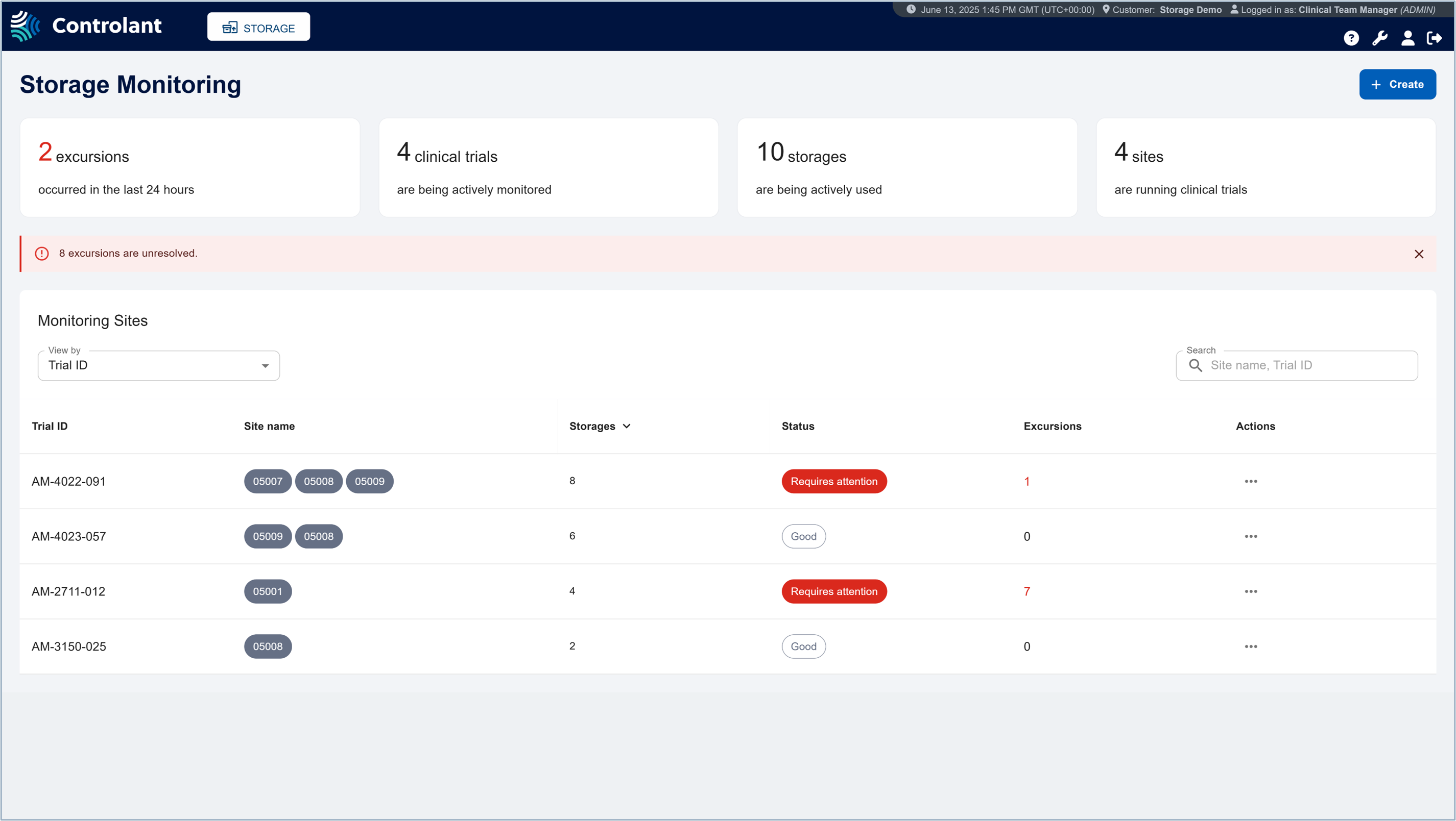 Clinical Storage Monitoring - main page