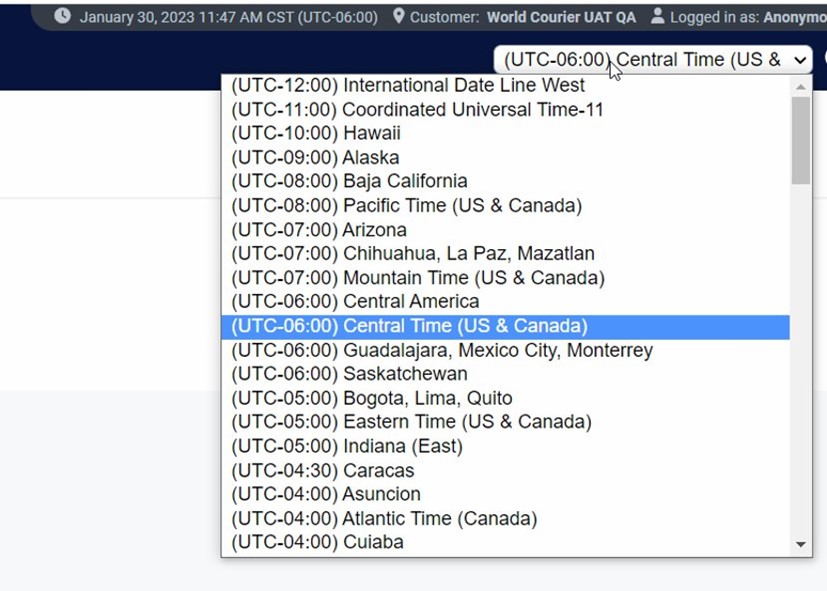 Shared shipment view - selecting time zone