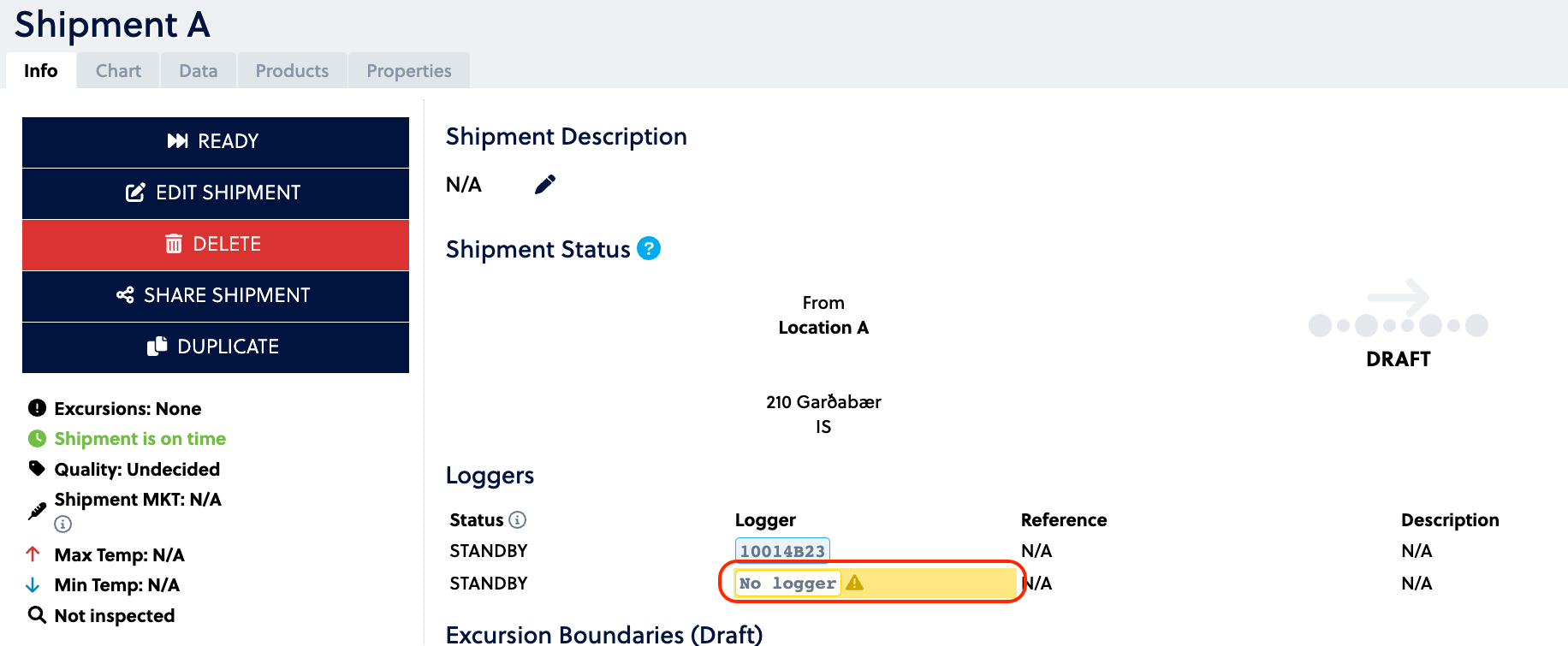 Shipment view showing indicator that a logger is missing