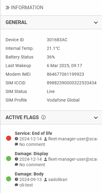 Fleet Manager - Devices overview - Information panel