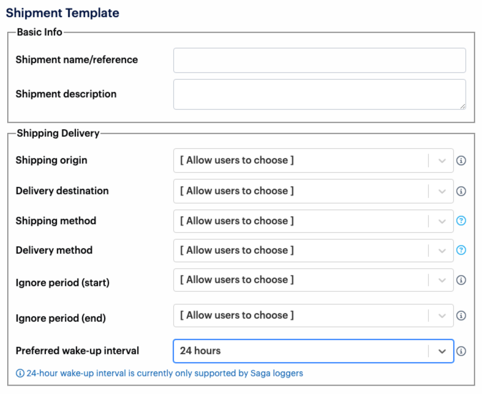 Screenshot of the Shipment Template dialog, indicating you can now set the preferred wake-up interval for Saga loggers to 24 hours