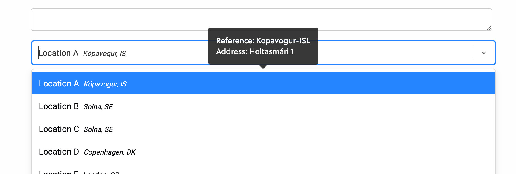 Screenshot showing how a tooltip now appears with more details about the address when you hover over the location while creating a shipment