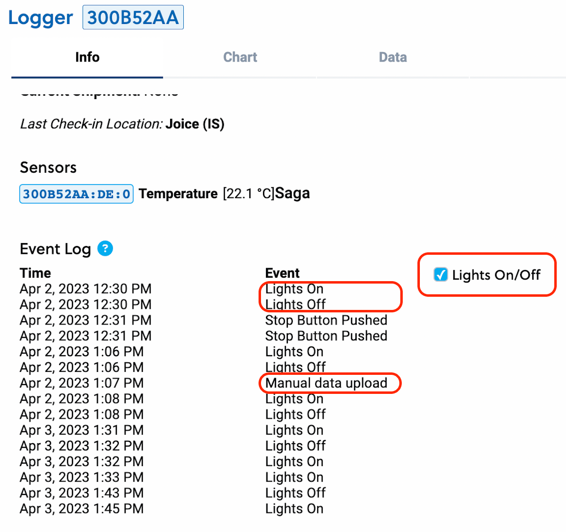 Screenshot showing light events and manual data upload events in the logger events list