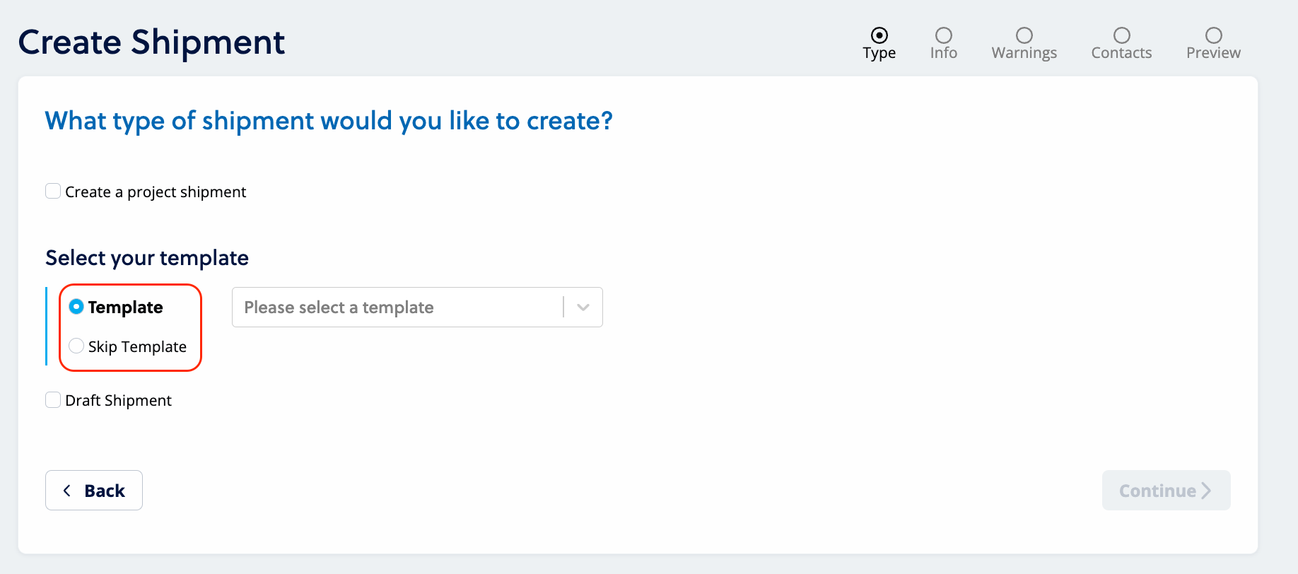 Create shipment flow: Select template