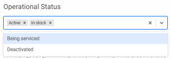 You can filter devices by operational status: Active, In stock, Being serviced, or Deactivated