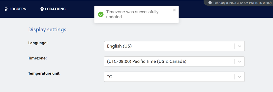 SCM - Settings - Display Settings - Confirmation that time zone has been updated.