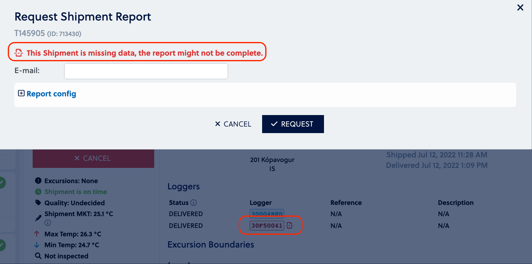 Request shipment report - Error: Shipment is missing data