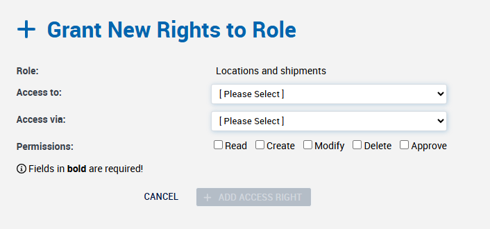 Grant New Rights to Role page