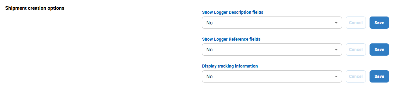 Account Admin - Account Settings - Supply chain monitoring - Shipment Creation Options
