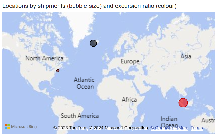 Map showing location of shipments and excursion ratio for origin locations. Number of shipments at each location is indicated by the size of the bubble. Excursion ratio is indicated by the color of the bubble.