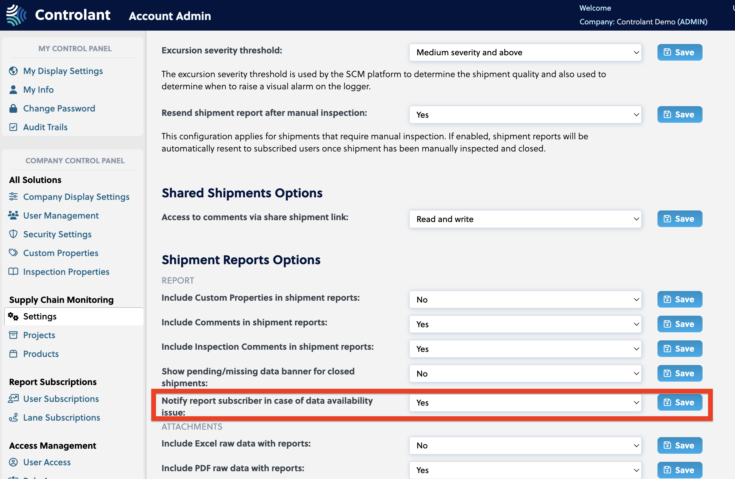 Account Admin - data availability email config