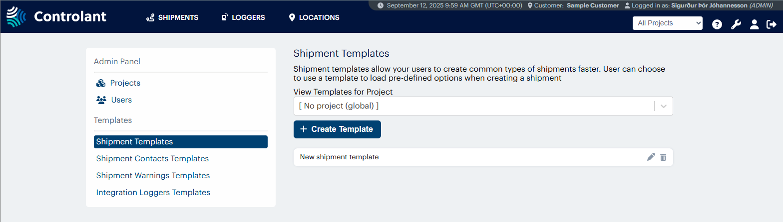 Shipment Templates page