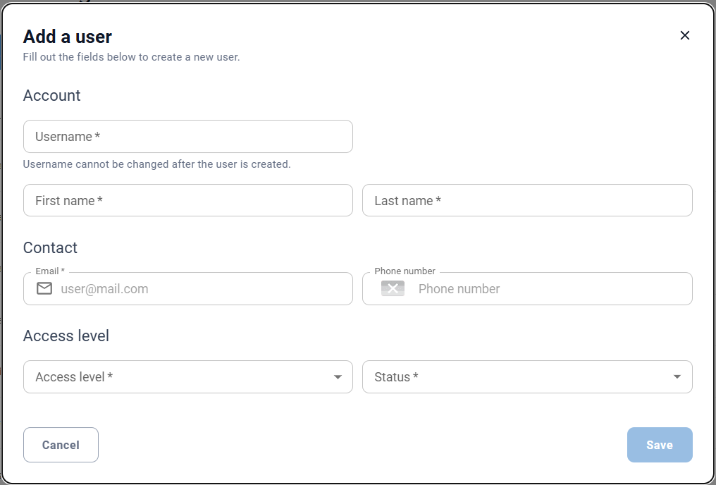 Account Admin -­ User Management - Add a user dialog