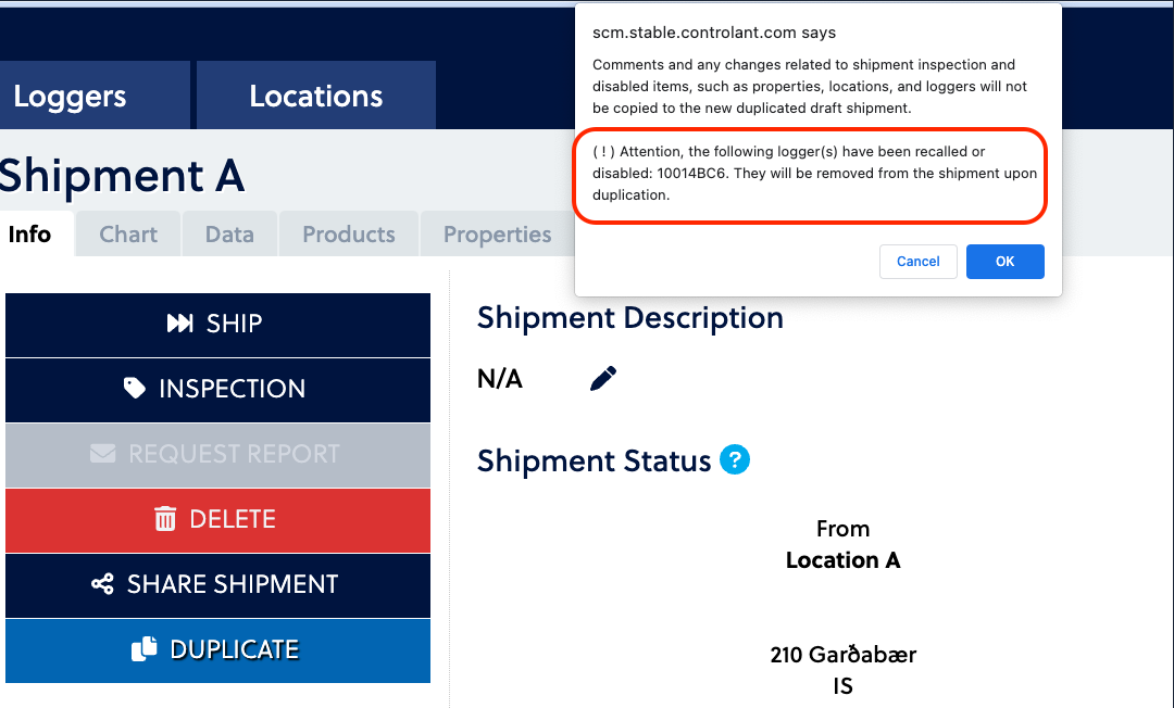 Error message alerting user that a logger in the shipment that is being duplicated is inactive