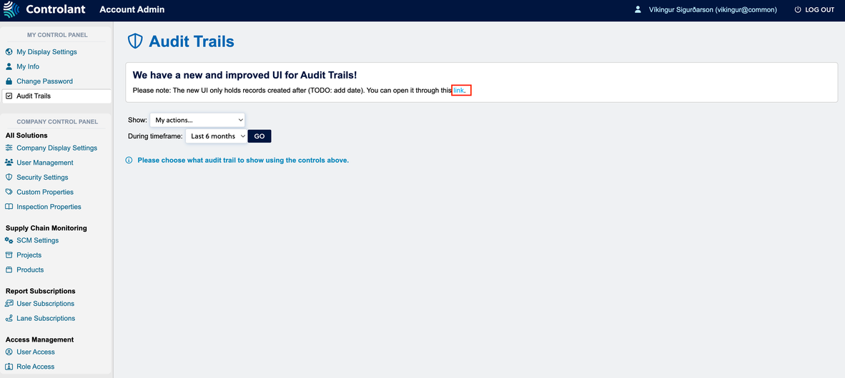 Screenshot showing how you can access the new UI for Audit trail