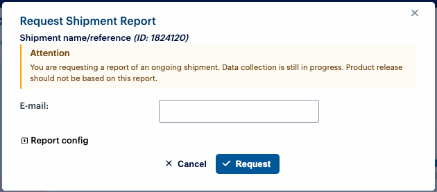 Screenshot showing the error that appears if you request a report for a shipment that is ongoing