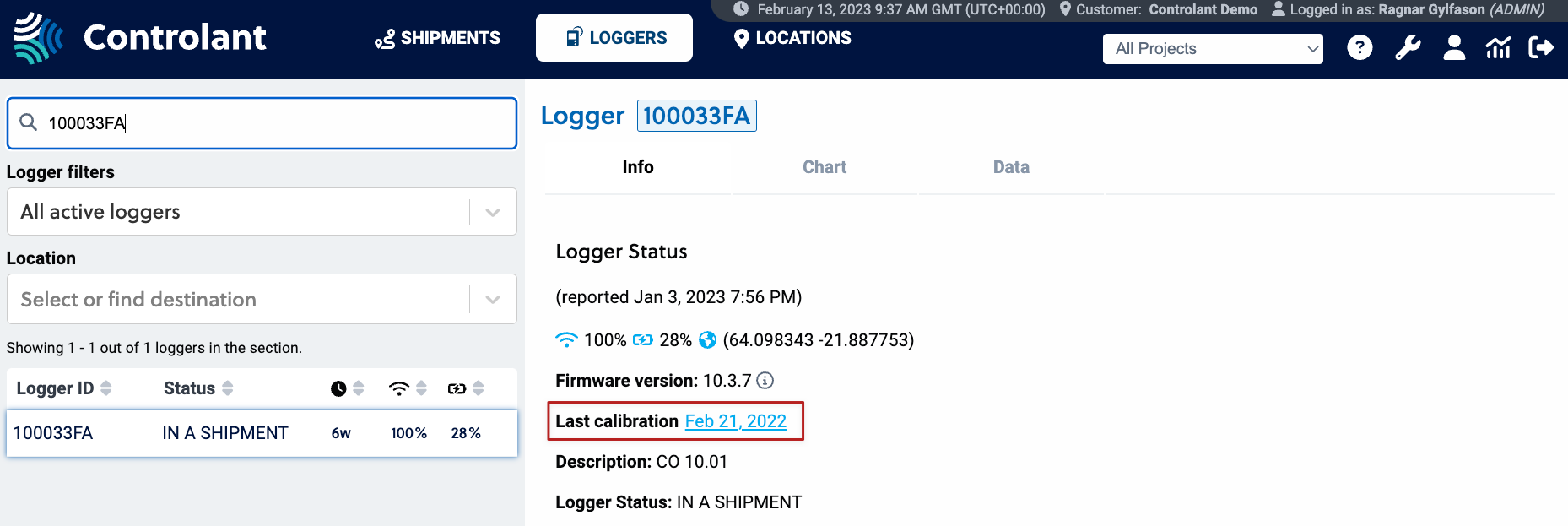 Screenshot showing link to download calibration certificate for a logger
