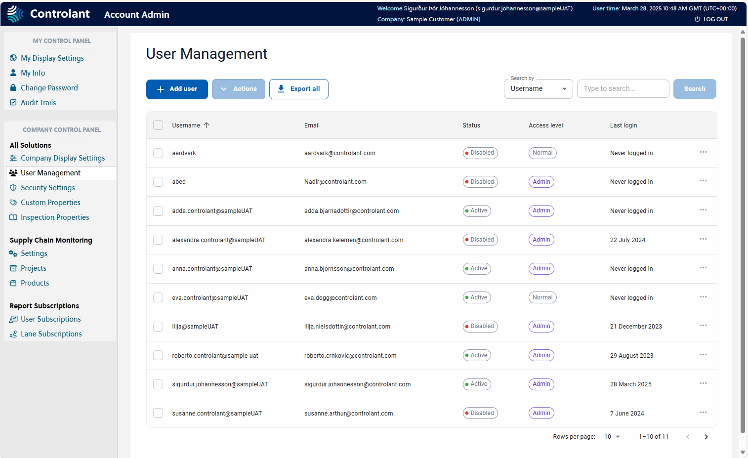 Account Admin -­ Company Control Panel -­ Company Display Settings - User Management page