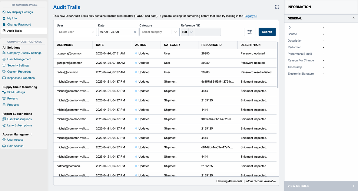 Screenshot showing new UI for Audit trail