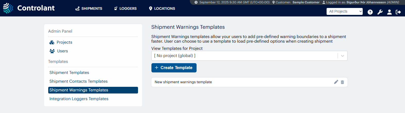 Shipment Warnings Templates page