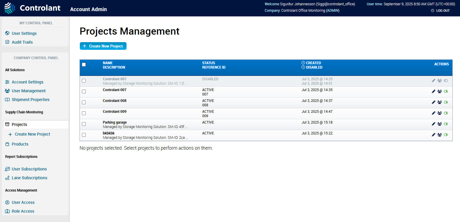 Account Admin - Projects page