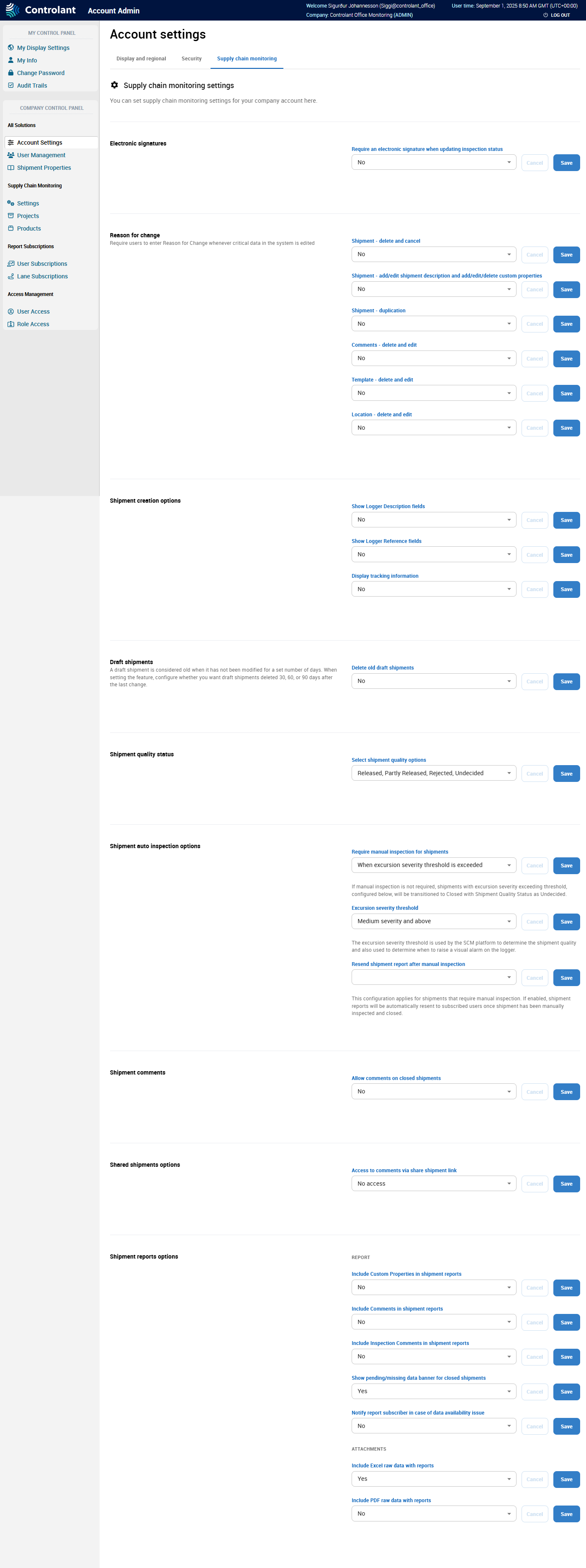 Supply Chain Monitoring - Account settings -Account Admin