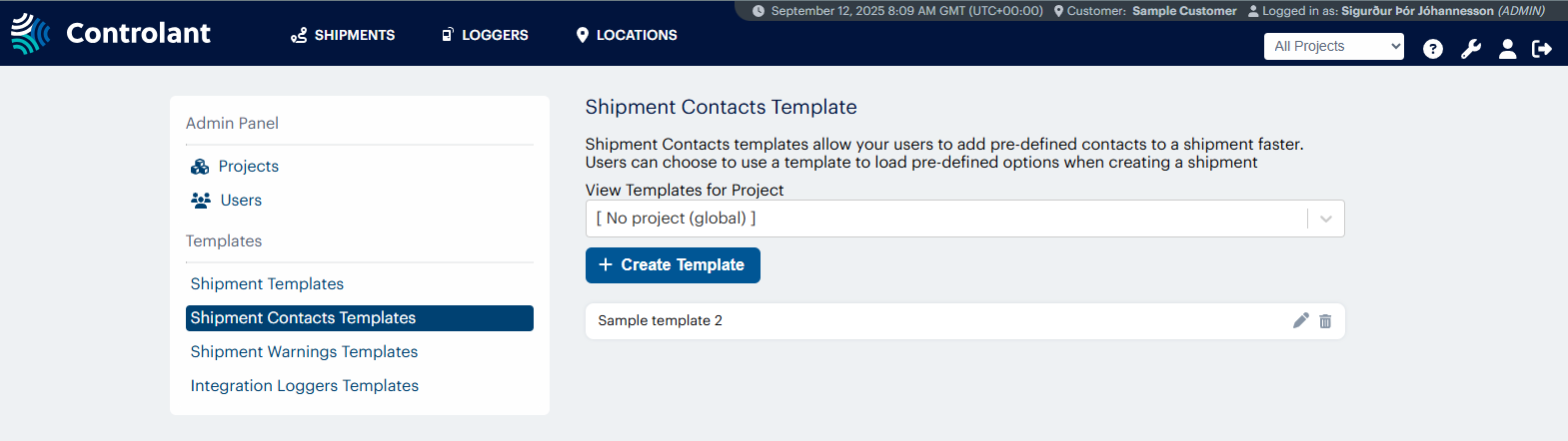 SCM - Admin Panel - Shipment Contacts Template page
