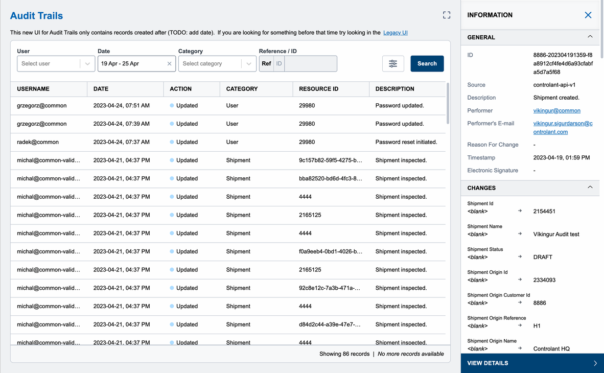 Screenshot showing Audit trails in new UI for Audit trail